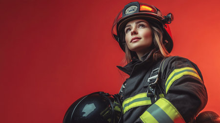 Strong woman firefighter demonstrating courage and professionalism in emergency responseの素材