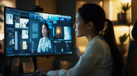 Woman at a computer, working on digital media projects in a modern officeの素材