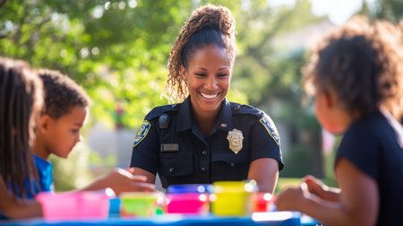 Woman police officer engages joyfully with children during a community event outdoorsの素材