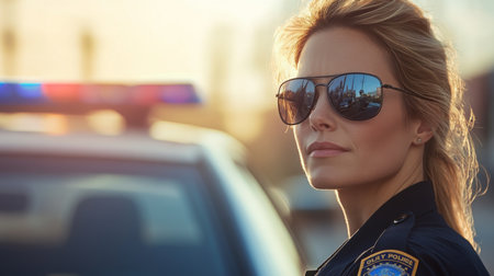Woman in uniform standing confidently beside police car at sunset in urban settingの素材