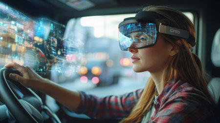 Innovative woman using augmented reality technology while driving in modern urban settingの素材