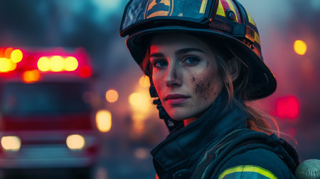 Woman firefighter in gear stands confidently in smoky city during an emergency responseの素材