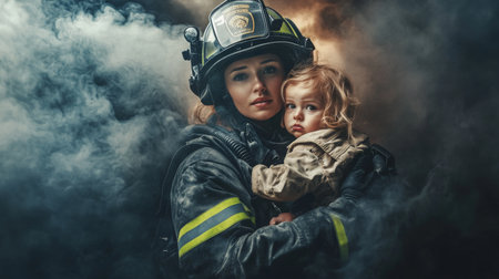 Firefighter rescues child in dramatic scene during emergency responseの素材