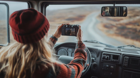 Woman capturing scenic landscape while driving on a winding road in a vehicleの素材