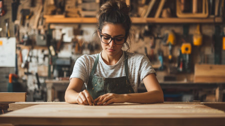 Crafting a masterpiece in a woodworking shop by a skilled young womanの素材