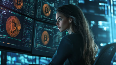 Woman analyzing cryptocurrency data in a modern tech workspace at nightの素材