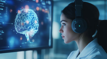 Woman in white lab coat analyzes neural data with advanced AI technology in modern officeの素材