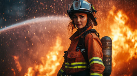 Woman firefighter battling raging flames in emergency responseの素材