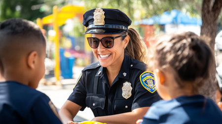 Community engagement by a police officer with children in a playful outdoor settingの素材