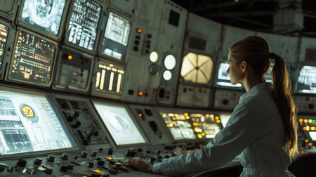 Woman working in a high-tech control room focused on monitoring data and operationsの素材