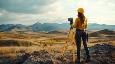 Woman using surveying equipment to measure land in a mountainous area during daytimeの素材