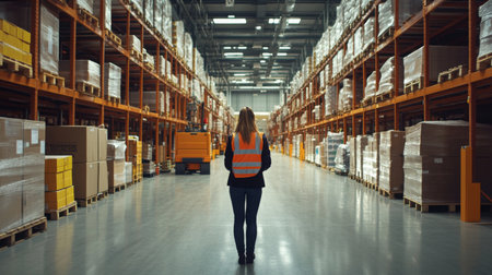 Woman in safety vest working in a warehouse surrounded by shelves of productsの素材