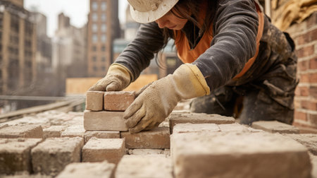 Woman working as a masonry laborer on a construction site in an urban environmentの素材