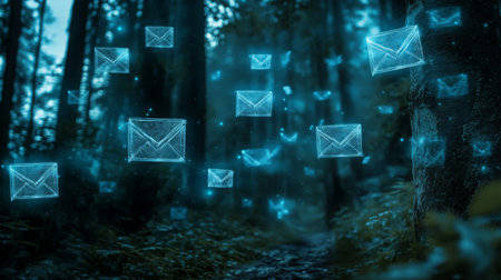 Digital communication in an enchanting forest setting during twilight hoursの素材