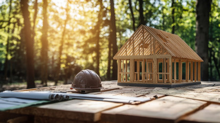Model of a wooden house with plans on a table in a forest during sunsetの素材