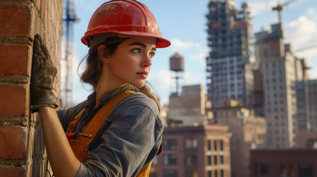Woman working as a construction professional wearing a hard hat in an urban environmentの素材