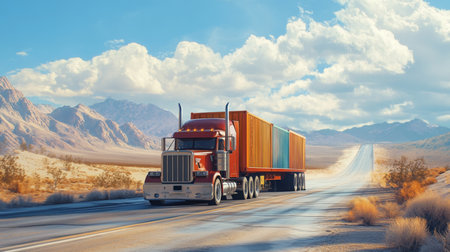 Driving a transport truck through a desert landscape with colorful shipping containersの素材