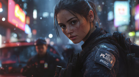Strong woman in tactical gear stands ready for action in a vibrant city at nightの素材