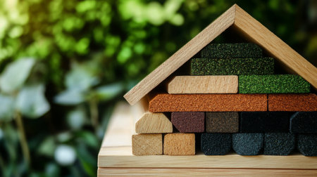 Building blocks represent real estate concept in a green outdoor settingの素材