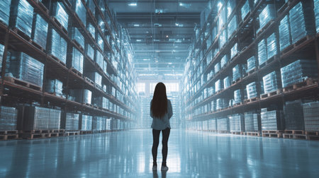 Woman in professional attire observing an expansive warehouse filled with palletsの素材