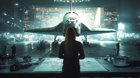 Woman in a control room designs an advanced spacecraft within a futuristic hangar settingの素材