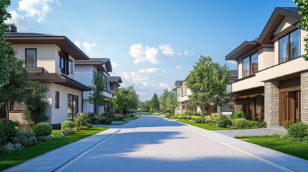 Modern residential street lined with elegant homes in a serene neighborhoodの素材