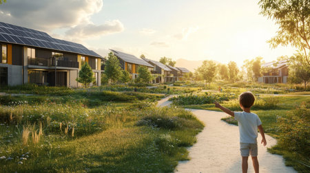 Child exploring a sustainable community with solar panels at sunsetの素材