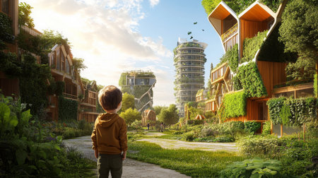 Advanced eco-friendly real estate development showcasing modern architecture and greeneryの素材