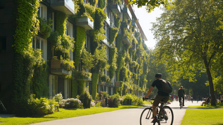 Urban cycling through lush green buildings in a vibrant real estate areaの素材