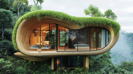 Unique ai-designed eco-friendly real estate home nestled in lush greeneryの素材