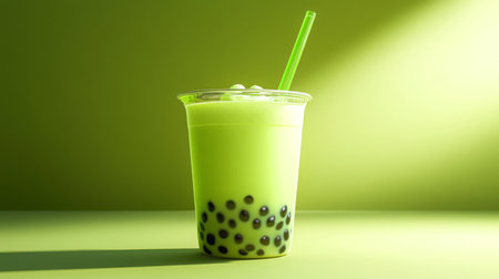 Refreshing green bubble tea in a clear cup on a vibrant green backgroundの素材