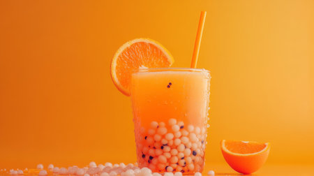 Refreshing orange bubble tea with tapioca pearls on a bright orange backgroundの素材