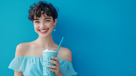 Young woman enjoying a colorful drink against a bright blue background on a sunny dayの素材