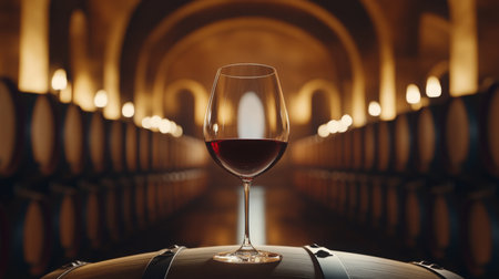 Glass of red wine on a barrel in a softly lit winery settingの素材