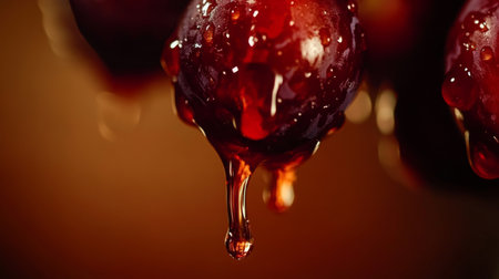Close-up of natural wine grapes dripping with juice in a vineyard settingの素材