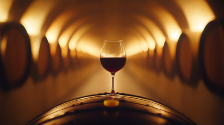 Elegant wine glass on barrel in atmospheric cellar showcasing natural wine aging processの素材