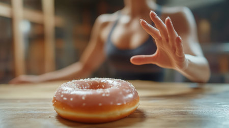 A woman reaching for a tempting pink donut on a wooden table in a cozy settingの素材