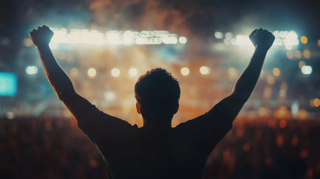 A concertgoer raises fists in celebration during a vibrant music festival at nightの素材