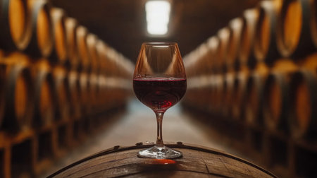 Elegant glass of red wine set on a barrel in natural wine cellar surrounded by oak barrelsの素材