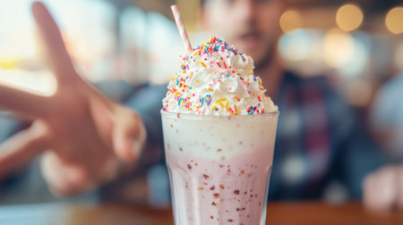 Enjoying a colorful ice cream sundae topped with whipped cream and sprinkles at local cafeの素材