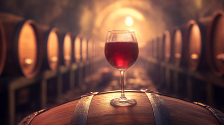 Wine glass rests on a barrel in a dimly lit cellar filled with aging wine barrelsの素材