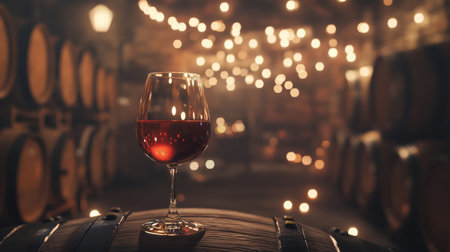 Warm ambiance of a winery featuring red wine in a glass resting on a barrelの素材