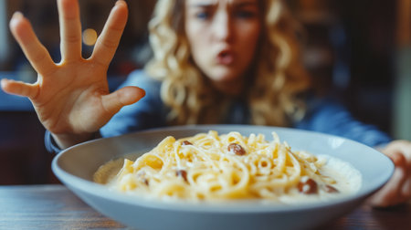 A woman reaching for a bowl of creamy pasta in a cozy dining setting during dinner timeの素材