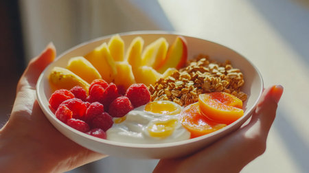Healthy breakfast bowl with fresh fruits, yogurt, and granola, enjoyed in morning lightの素材