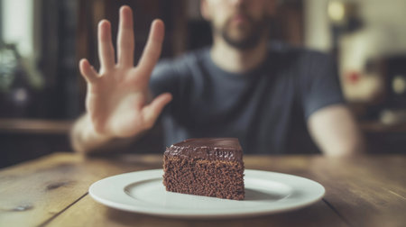 A man rejects a tempting slice of chocolate cake in a cozy indoor setting while seatedの素材