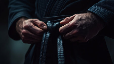 A martial artist ties a black belt during training in a dimly lit dojo at nightの素材