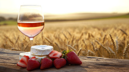 Quality wine paired with fresh strawberries and cheese in a golden wheat field at sunsetの素材