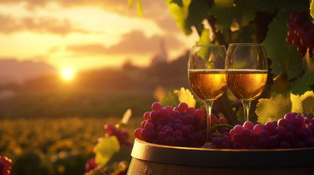 Enjoying natural wine with a stunning sunset view over the vineyardの素材