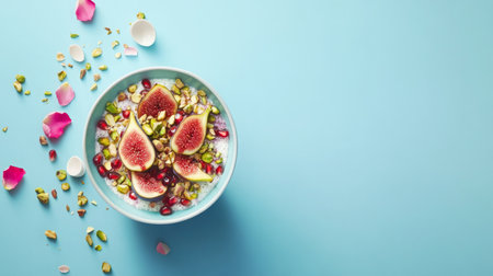 A blue bowl filled with figs, pomegranate seeds, and pistachios sits on a blue backgroundの素材