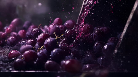 Grapes being crushed to create natural wine in a rustic setting during the harvest seasonの素材